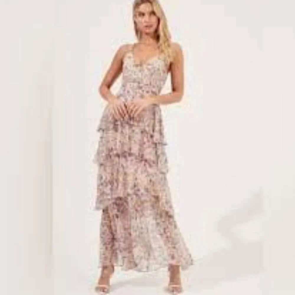 NWT ASTR the Label Rosana Chiffon Ruffle Tiers Maxi Dress Yellow Purple Floral S